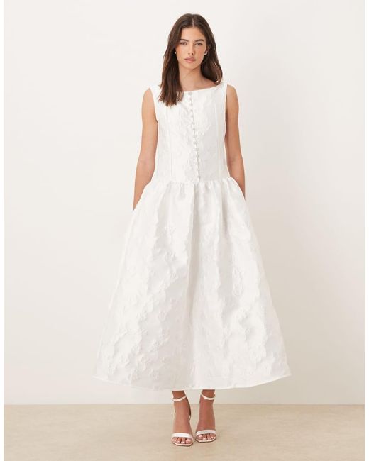 Sister Jane White Dream Exclusive Bridal Jacquard Boat Neck Pearl Button Through Maxi Dress