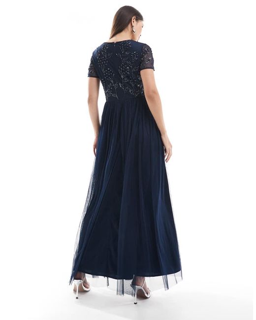 Maya Blue Floral Embellished Short Sleeve V Neck Bridesmaid Maxi Dress