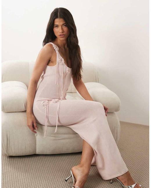 Wanderdoll Pink Lillie Knitted Scoop Neck Corsage Tassel Detail Maxi Dress