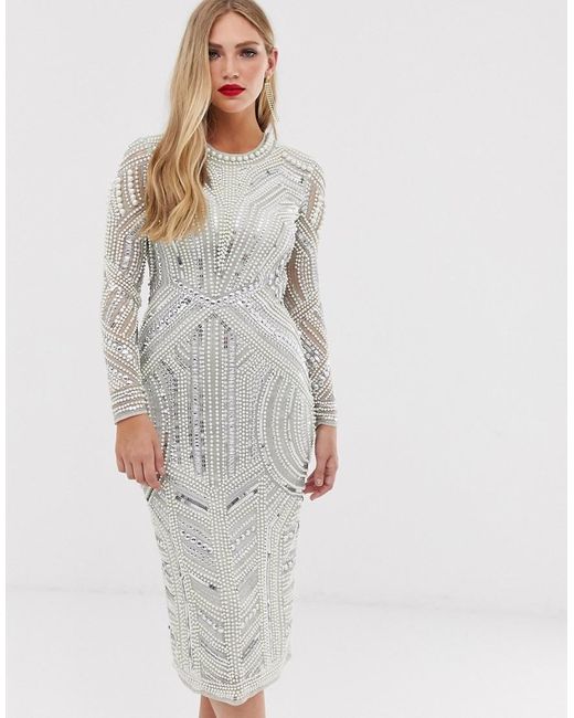 ASOS Sequin And Pearl Midi Bodycon Dress With Cut Out Back in Gray | Lyst