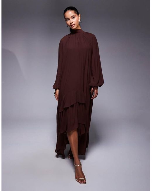 TFNC London Purple High Neck Long Sleeve Ruffle Maxi Dress