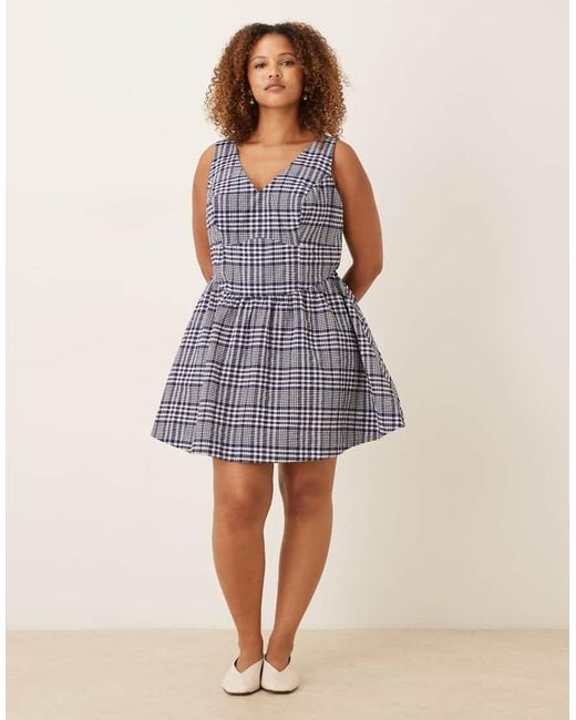 ASOS Blue Asos Design Curve Waisted V-neck Mini Sundress With Seaming Details