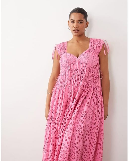 ARRANGE Pink Curve Broderie Drawstring Detail Trapeze Maxi Dress
