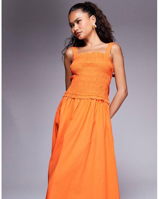 River Island Orange Shirred Midi Dress