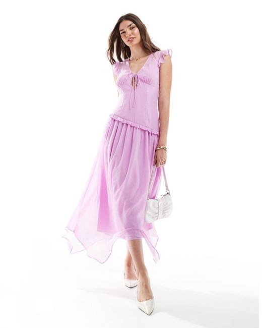 ASOS Pink Chiffon Dropped Waist Midi Dress With Frills-purple