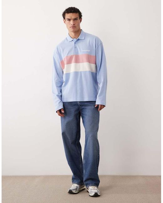 ASOS Blue Heavyweight Oversized Stripe Long Sleeve Polo for men
