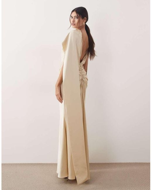ARRANGE Natural Pleated Waist High-neck Back-drape Satin Maxi Dress