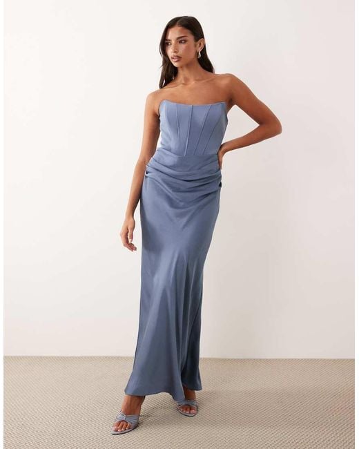 Forever New Blue Corset Drape Strapless Maxi Dress