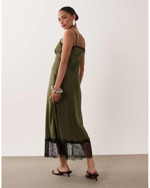 New Look Green Lace Trim Strappy Satin Midi Dress