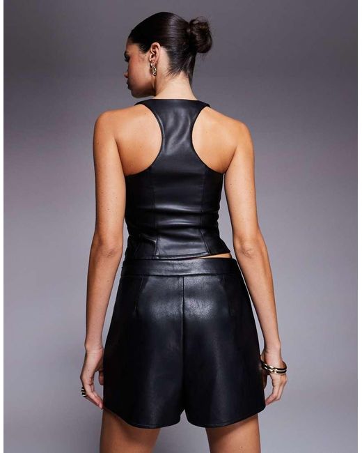 I.AM.GIA Blue Sibari Faux Leather Plunge Neck Strappy Buckle Detail Racerback Corset Top