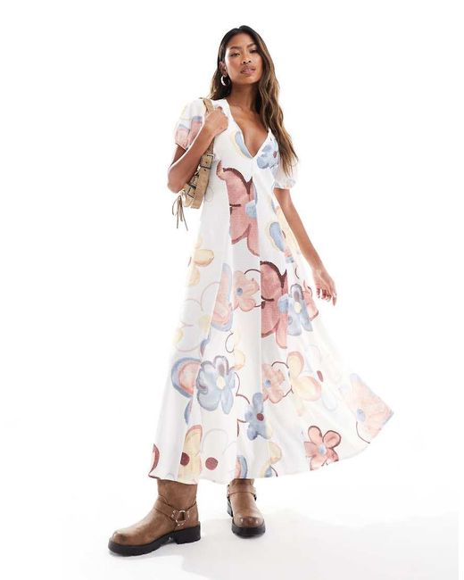 ASOS White Puff Sleeve Godet Maxi Dress Enlarged Floral Print