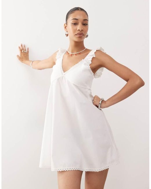 Reclaimed Vintage Natural Babydoll Poplin Cami Mini Dress With Broderie And Lace Trims