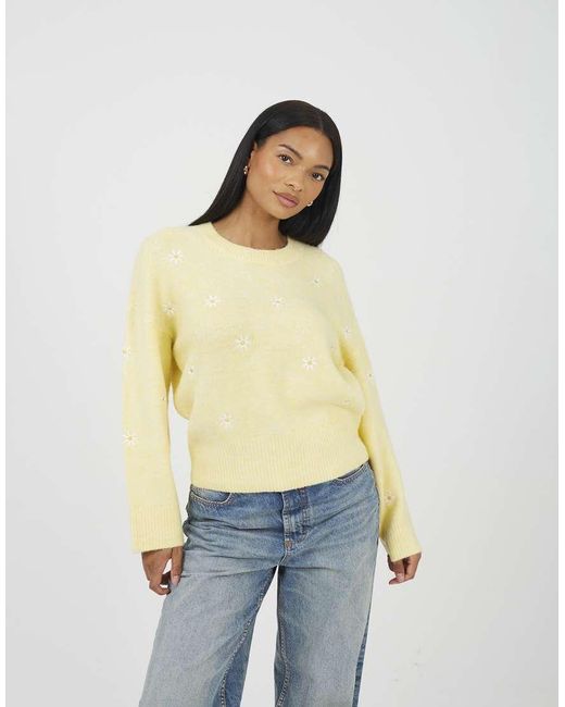 Brave Soul Natural Soft Crew Neck Daisy Embroidery Jumper