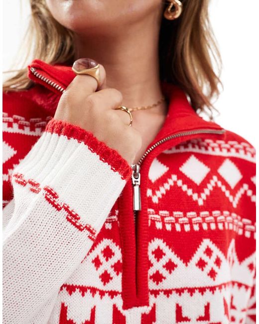 Brave Soul Fairisle-Trui Met Korte Rits in het Red