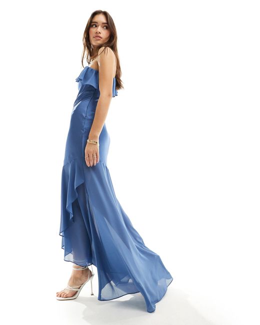 TFNC London Blue Bridesmaid Satin One Shoulder Ruffle Maxi Dress