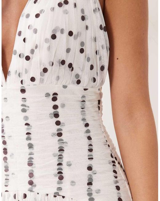 LACE & BEADS Natural Tulle Halter Neck Ruffle Detail Maxi Dress