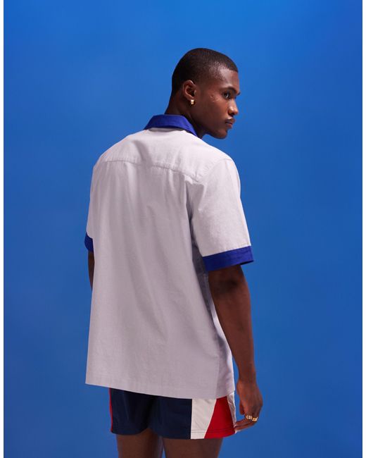 ASOS Blue Co-ord Short Sleeve Revere Collar Linen Look Colour Block Shirt for men