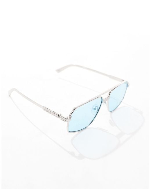 ASOS Blue Aviator Sunglasses With Silver Frame And Lens for men