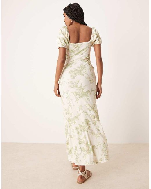 ASOS Natural Scalloped Collar Puff Sleeve Seam Detail Midi Tea Dress