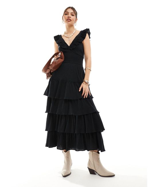 Pretty Lavish Black Cotton Ruffle Midaxi Dress