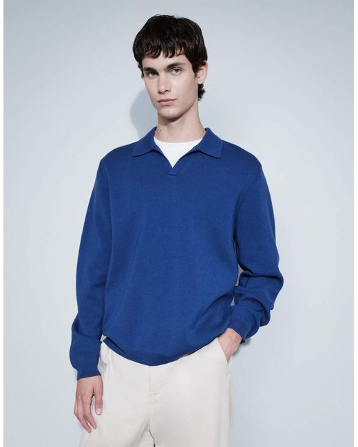 ASOS Blue Relaxed Compact Knit Notch Neck Polo Shirt for men