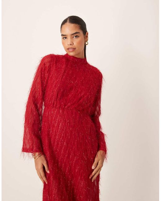 Vila Red Fluffy Textu Tie Waist Maxi Dress