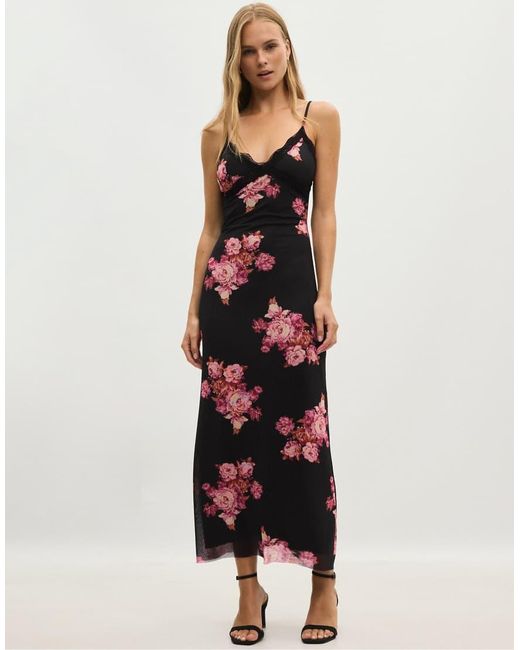 Stradivarius White Printed Tulle Midi Dress With Lace Trim