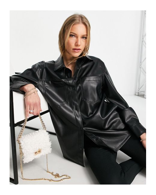 topshop black faux leather shirt