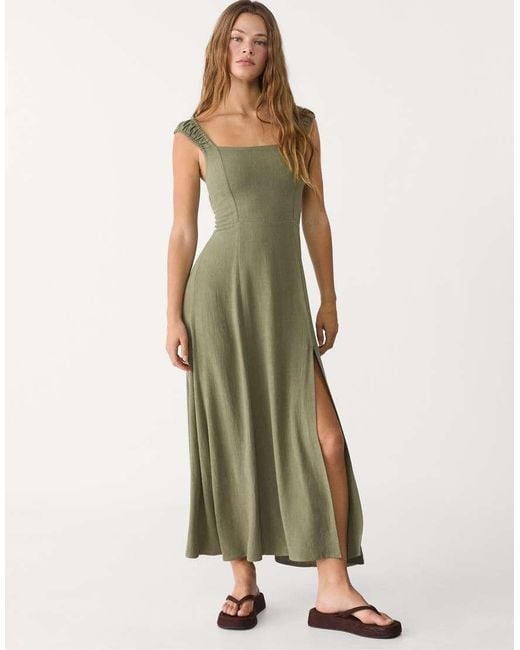Stradivarius Green Maxi Dress With Crossed Back With Linen