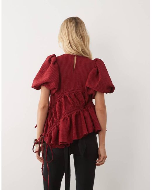 Ghospell Red Micaela Exclusive Puff Sleeve Ruched Detail Top