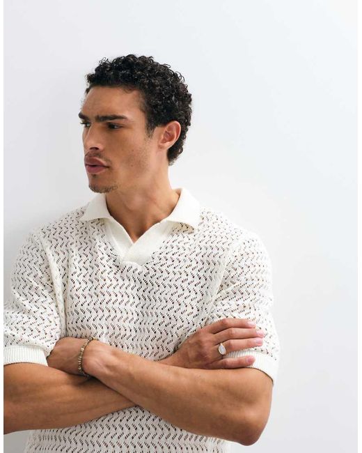 Only & Sons White Open Knit Split Neck Polo for men
