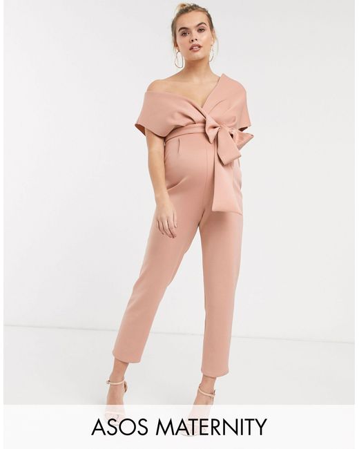 asos design scuba off shoulder v bar slim leg jumpsuit