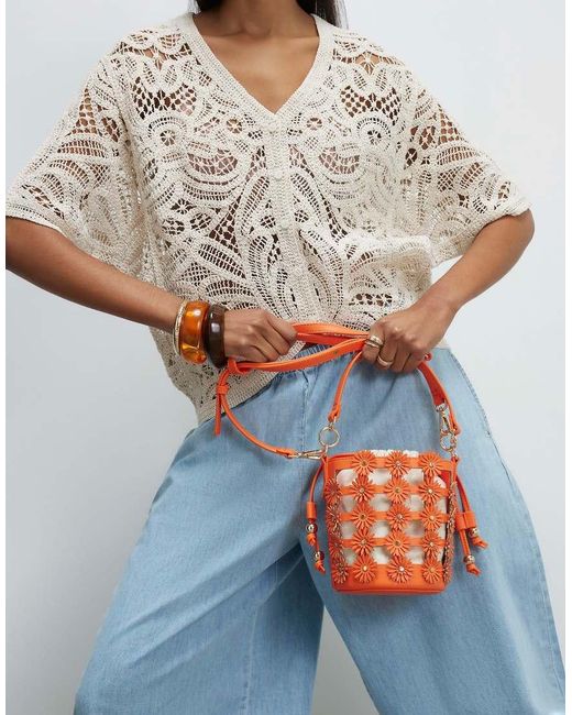 River Island Gray 3D Floral Cut Out Bucket Bag