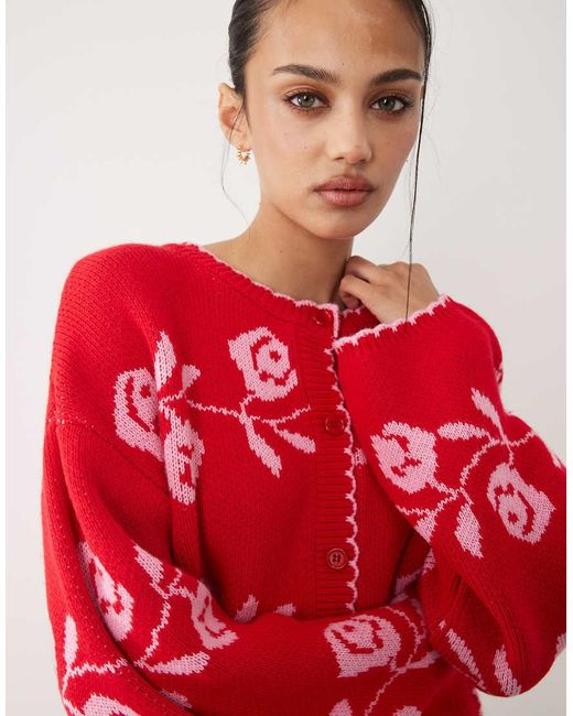 Miss Selfridge Red Knitted Blanket Stitch Cardigan With Florals