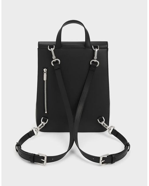 Charles & Keith Black Octavia Front Flap Structured Backpack