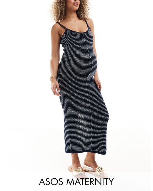 ASOS Blue Asos design maternity – wadenlanges strickkleid mit strukturiertem streifenmuster und riemchenträgern