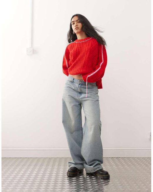 Collusion Red Heavy Cable Knitted Jumper