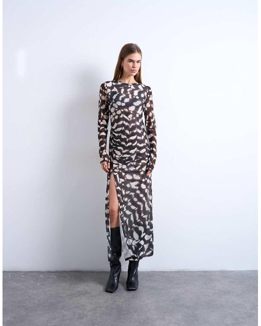 TOPSHOP White Mesh Maxi Animal Print Long Sleeve Dress