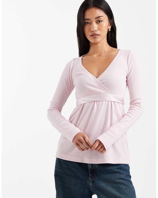 Hollister Pink Long Sleeve V Neck Babydoll Top