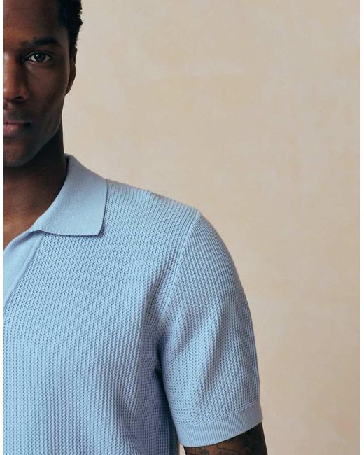 Mango Blue 100% Cotton Knitted Revere Neck Short Sleeve Sweater for men