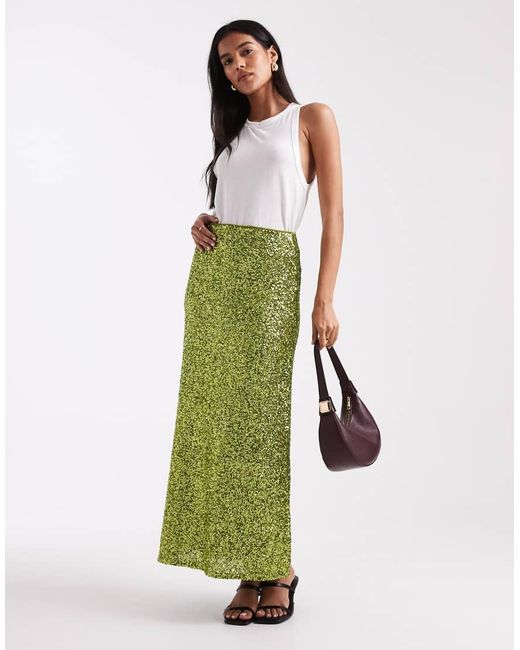 French Connection Green Elena Sequin Midi Skirt