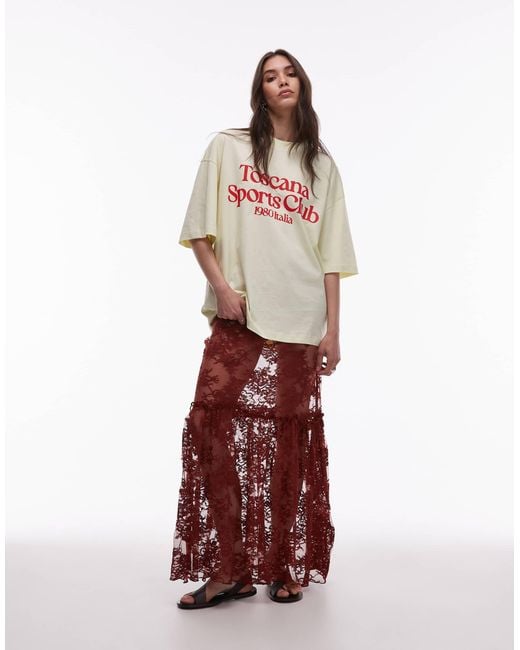 TOPSHOP Red Ruffle Seam Sheer Lace Maxi Skirt