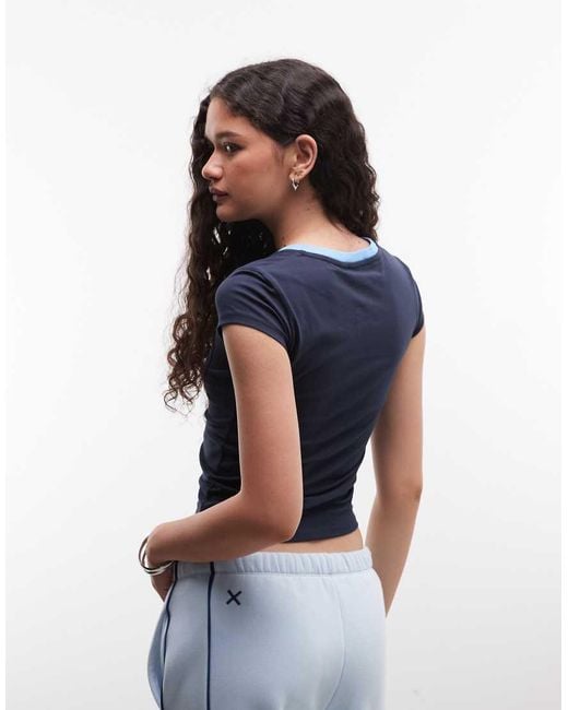 Collusion Blue 90s V-neck Fitted Contrast Tee