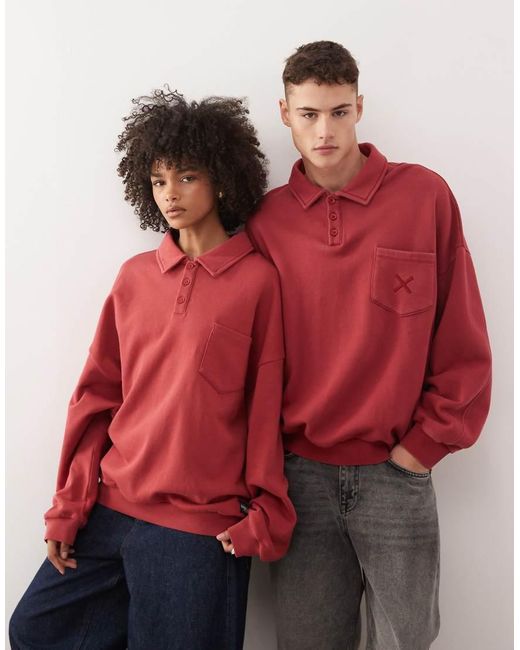 Collusion Red Unisex Boxy Polo Sweatshirt