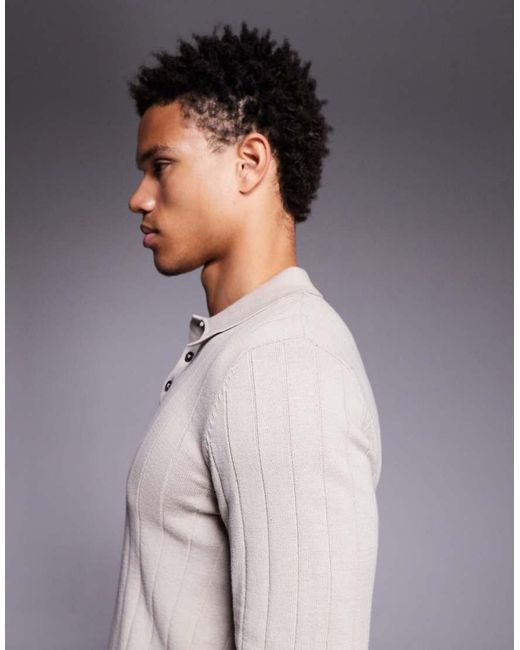 ASOS Gray Muscle Fit Long Sleeve Knitted Rib Polo for men