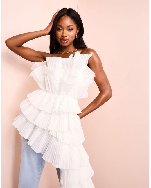 ASOS White Pleated Organza Bandeau Top With Drape
