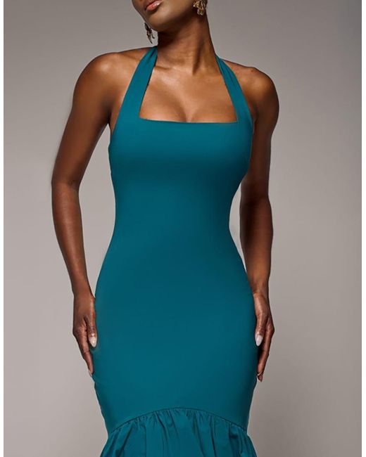 Goddiva Blue Halter Neck Puff Hem Mermaid Midaxi Dress