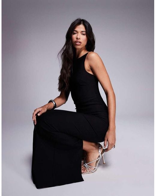 Vesper Black Bengaline High Neck Open Back Maxi Dress