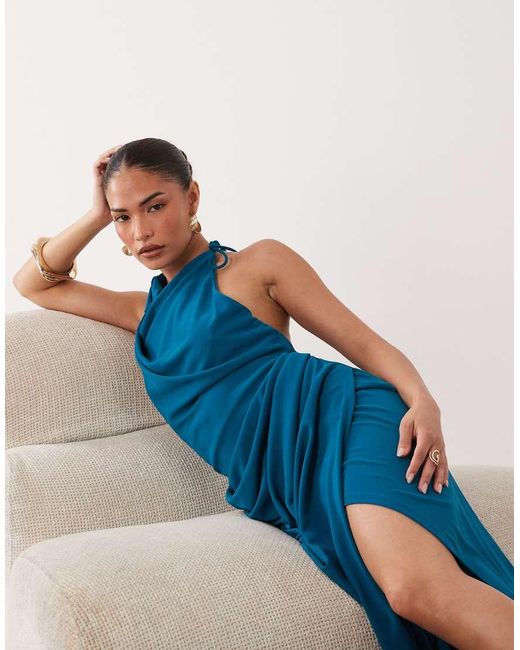 ASOS Blue Asos Design Petite Ruched Waist High Neck Maxi Dress With Open Back