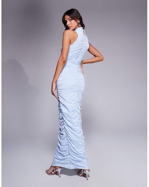 Aria Cove Blue Double Layered Slinky Ruched High Neck Bodycon Maxi Dress